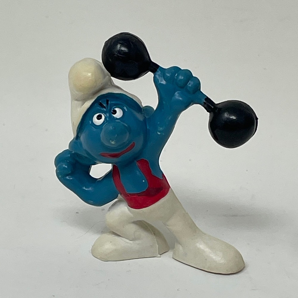 Vintage 1972 Schleich Hefty Smurf PVC Figure Weightlifter Barbell Peyo Hong Kong